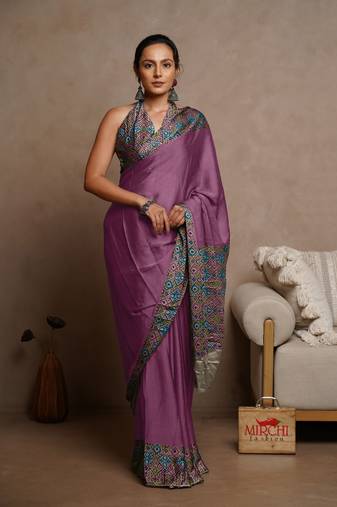 Purple chiffon solid abstract printed saree with unstitched blouse piece