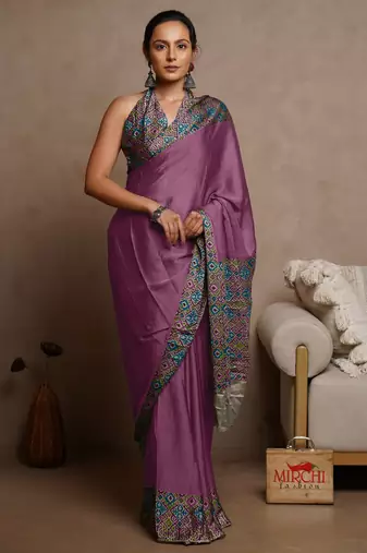 Purple chiffon solid abstract printed saree with unstitched blouse piece