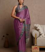 Purple chiffon solid abstract printed saree with unstitched blouse piece