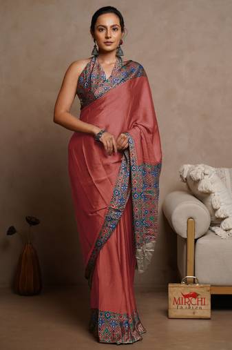 Dusty coral red chiffon solid/abstract printed saree with unstitched blouse piece