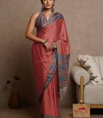 Dusty coral red chiffon solid/abstract printed saree with unstitched blouse piece
