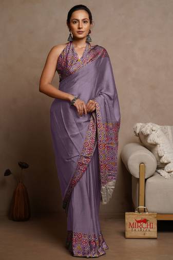 Dusty lavender chiffon solid/abstract printed saree with unstitched blouse piece