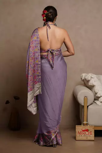 Dusty lavender chiffon solid/abstract printed saree with unstitched blouse piece