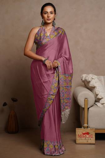 Dusty rose pink chiffon solid/abstract printed saree with unstitched blouse piece