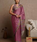 Dusty rose pink chiffon solid/abstract printed saree with unstitched blouse piece