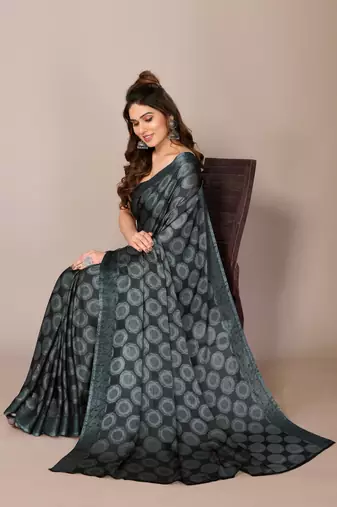 Green chiffon floral print saree with unstitched blouse piece