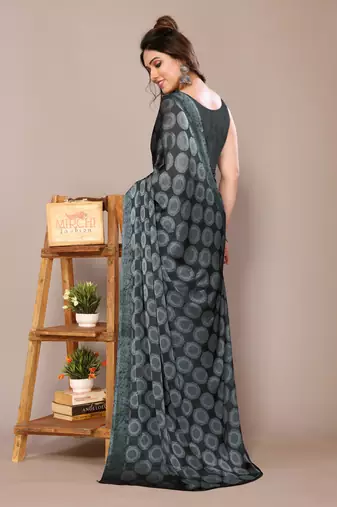 Green chiffon floral print saree with unstitched blouse piece