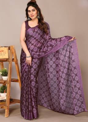 Wine chiffon block printed saree with unstitched blouse piece 1