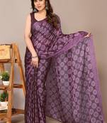 Wine chiffon block printed saree with unstitched blouse piece