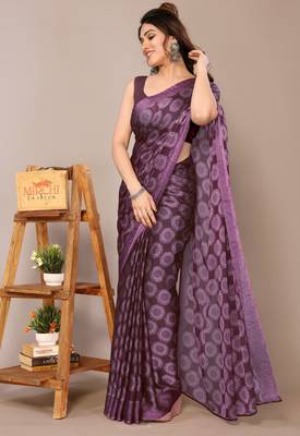 Wine chiffon block printed saree with unstitched blouse piece 2