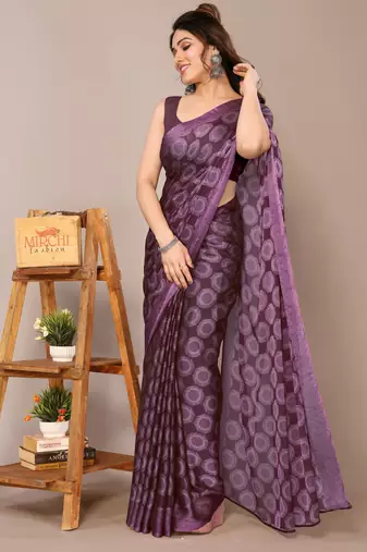 Wine chiffon block printed saree with unstitched blouse piece