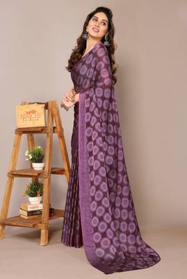 Wine chiffon block printed saree with unstitched blouse piece 3