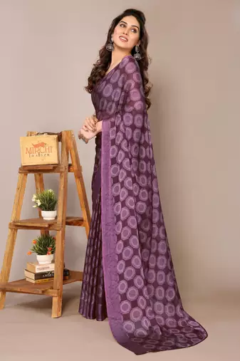 Wine chiffon block printed saree with unstitched blouse piece