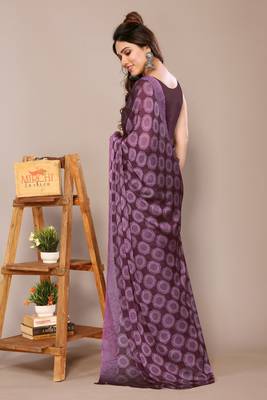 Wine chiffon block printed saree with unstitched blouse piece 4