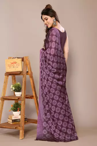 Wine chiffon block printed saree with unstitched blouse piece
