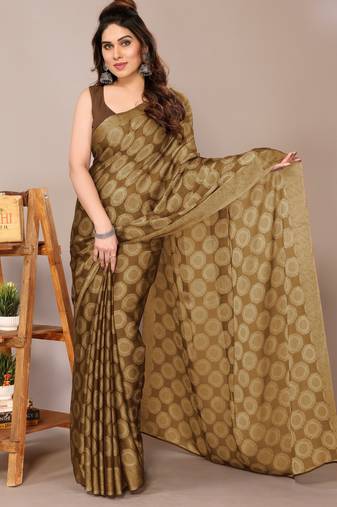Dark black chiffon block printed saree with unstitched blouse piece