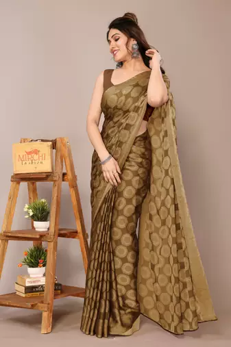 Dark black chiffon block printed saree with unstitched blouse piece