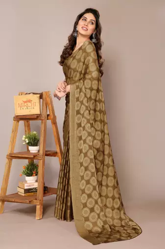 Dark black chiffon block printed saree with unstitched blouse piece