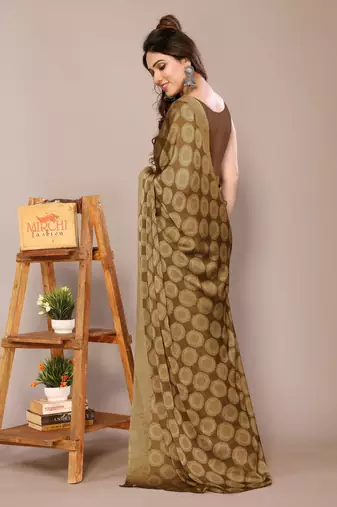 Dark black chiffon block printed saree with unstitched blouse piece