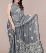 Grey chiffon batik print block printed saree with unstitched blouse piece