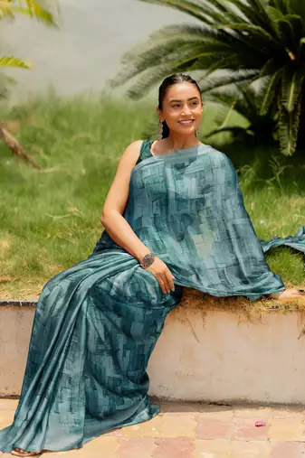 Dusty teal chiffon geometric printed saree with unstitched blouse piece