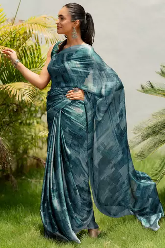 Dusty teal chiffon geometric printed saree with unstitched blouse piece