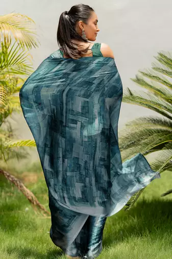 Dusty teal chiffon geometric printed saree with unstitched blouse piece
