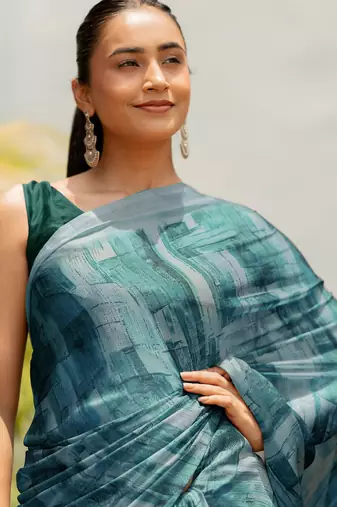 Dusty teal chiffon geometric printed saree with unstitched blouse piece