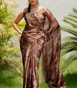 Dusty rust chiffon geometric printed saree with unstitched blouse piece
