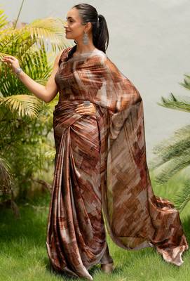 Dusty rust chiffon geometric printed saree with unstitched blouse piece 3