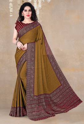 Dark mustard chiffon floral printed saree with unstitched blouse piece 1