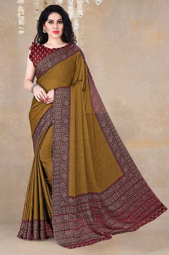 Dark mustard chiffon floral printed saree with unstitched blouse piece