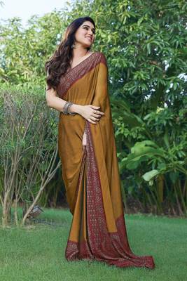 Dark mustard chiffon floral printed saree with unstitched blouse piece 2