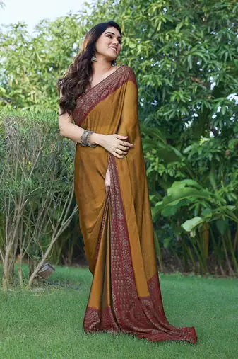 Dark mustard chiffon floral printed saree with unstitched blouse piece