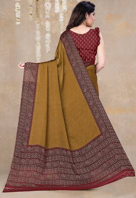 Dark mustard chiffon floral printed saree with unstitched blouse piece 4