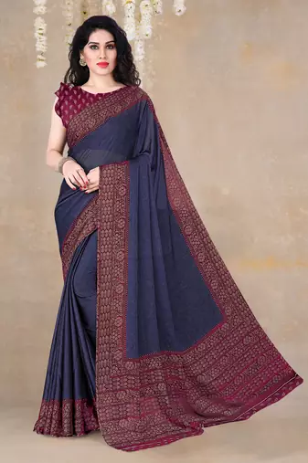 Dark blue chiffon floral printed saree with unstitched blouse piece