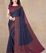 Dark blue chiffon floral printed saree with unstitched blouse piece