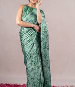 Green chiffon floral print saree with unstitched blouse piece