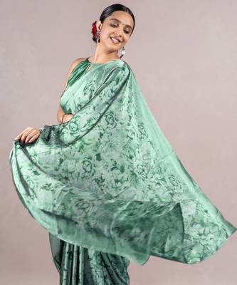 Green chiffon floral print saree with unstitched blouse piece 3