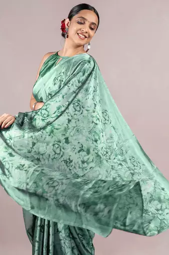 Green chiffon floral print saree with unstitched blouse piece