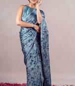 Dusty blue chiffon floral print saree with unstitched blouse piece