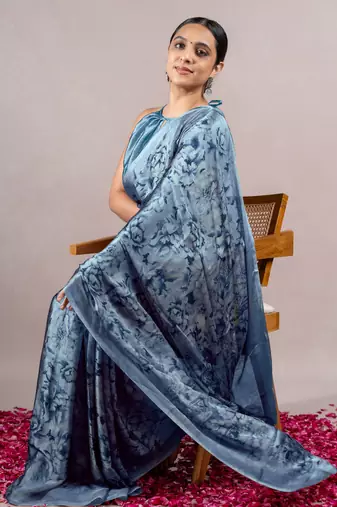Dark pink georgette stripes print plastic mirror work border saree with unstitched blouse piece