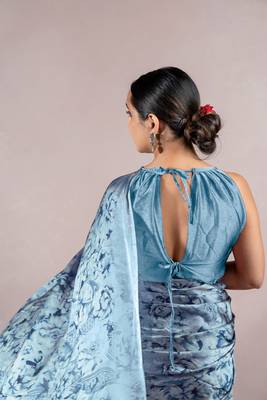 Dark pink georgette stripes print plastic mirror work border saree with unstitched blouse piece 4