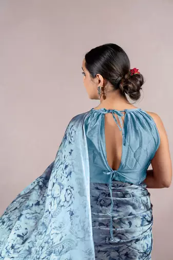Dark pink georgette stripes print plastic mirror work border saree with unstitched blouse piece