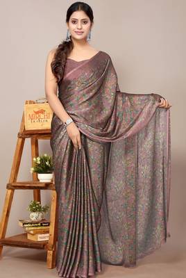 Dark dusty rose pink chiffon floral print plain saree with unstitched blouse piece 1