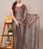Dark dusty rose pink chiffon floral print plain saree with unstitched blouse piece