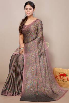 Dark dusty rose pink chiffon floral print plain saree with unstitched blouse piece 2