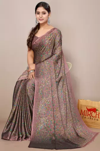 Dark dusty rose pink chiffon floral print plain saree with unstitched blouse piece