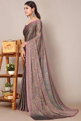 Dark dusty rose pink chiffon floral print plain saree with unstitched blouse piece 3