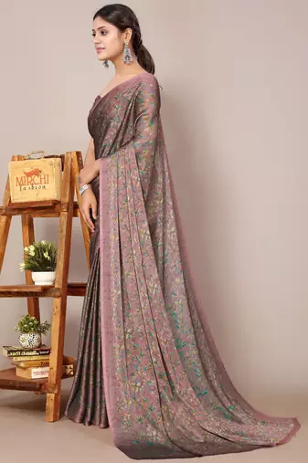 Dark dusty rose pink chiffon floral print plain saree with unstitched blouse piece
